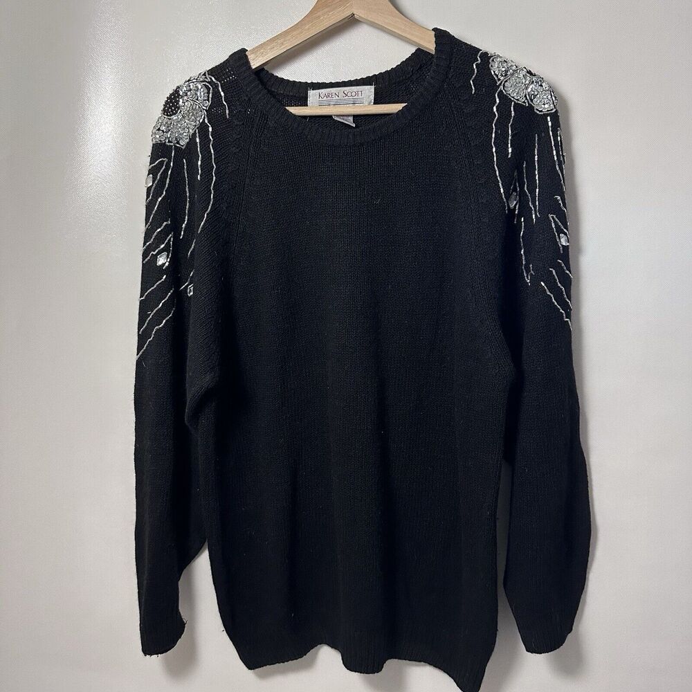 Karen Scott Sweater Beaded Angora Silk Lambswool Sequined Dressy Classy …